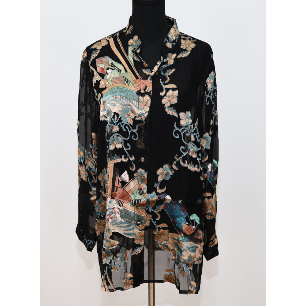 A4 Auth CITRON Santa Monica Floral Black Damask Silk Long Tunic Top Blouse Sz M - Picture 2 of 9